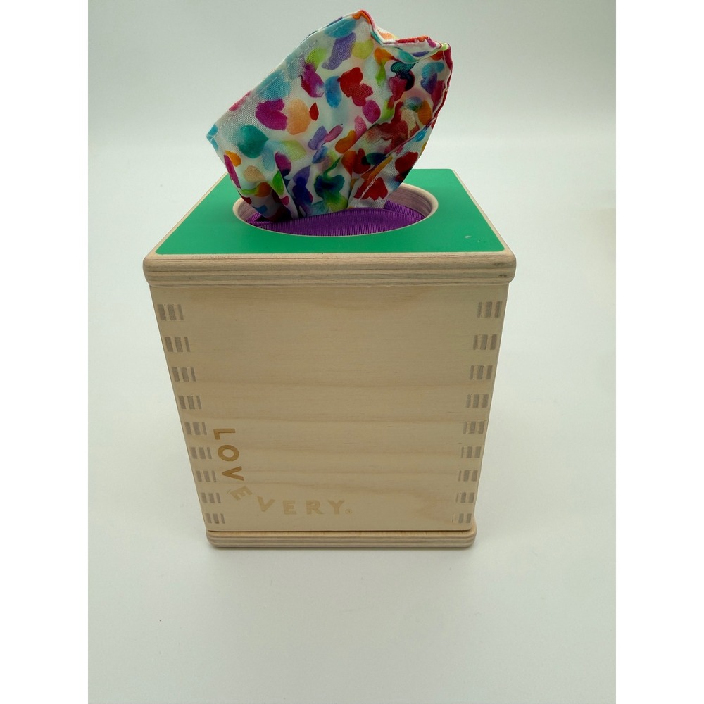 Lovevery Magic Tissue Box Wooden Sensory Toy with Colorful Fabric Tissues